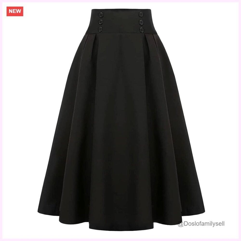 High Waist A-Line Pleated Midi Skirt, Stretch Waistband, Side Pockets, Casual